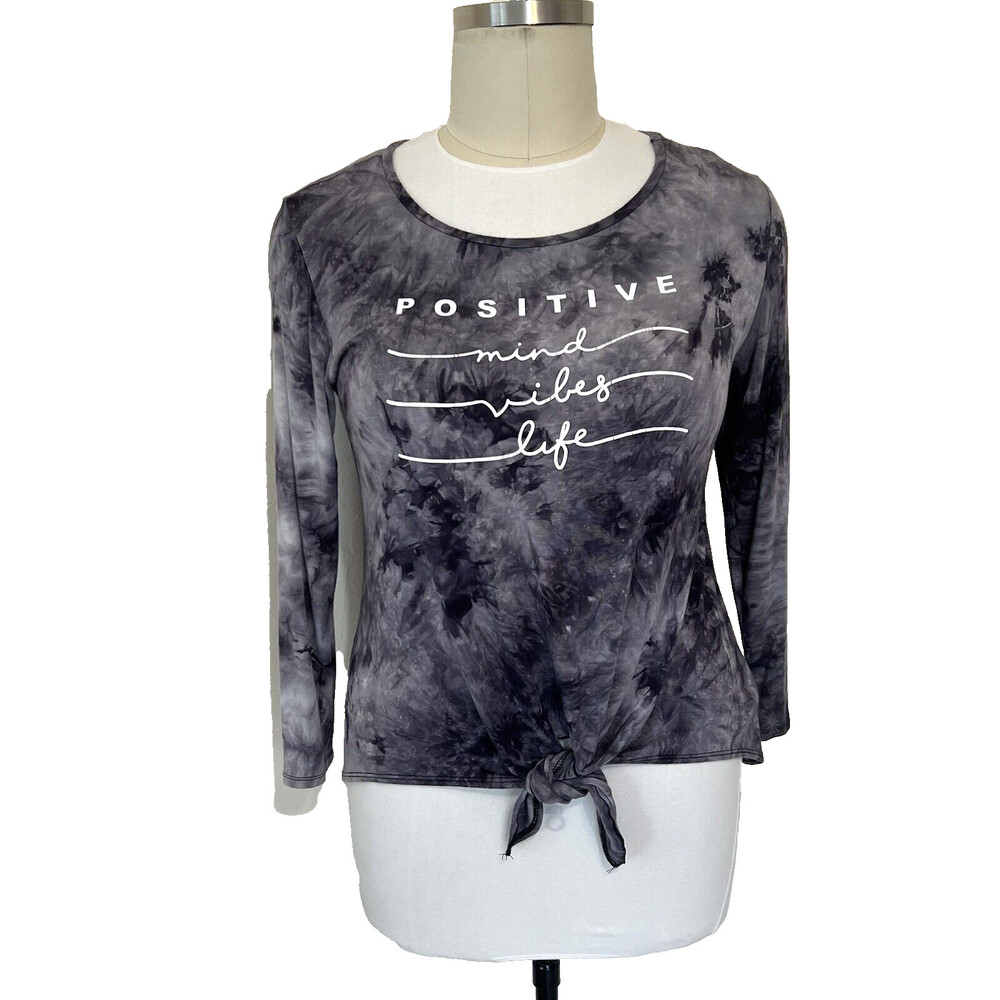 Scarlett - Grey Tie Dye Positive Mind Vibes Life Tie Front Hem Tee Shirt 1X